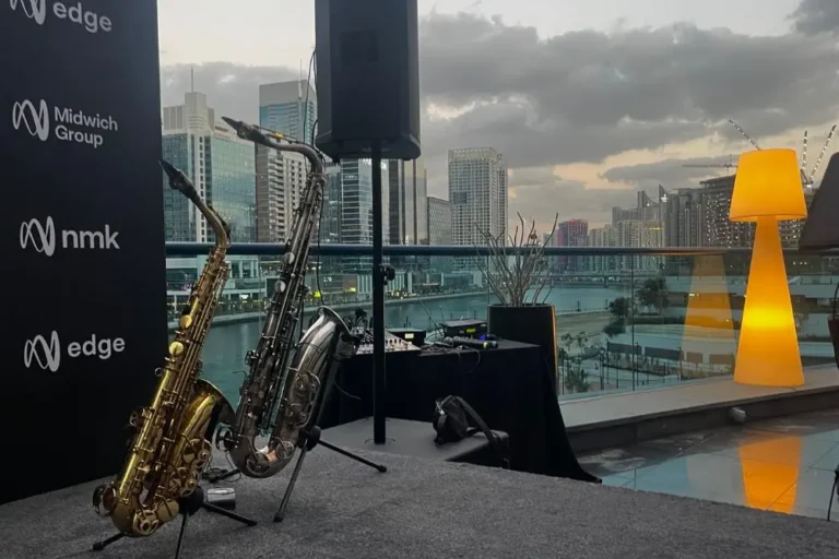 Corporate saxophonist setup on rooftop terrace Business Bay Dubai - ChrisOnSAX