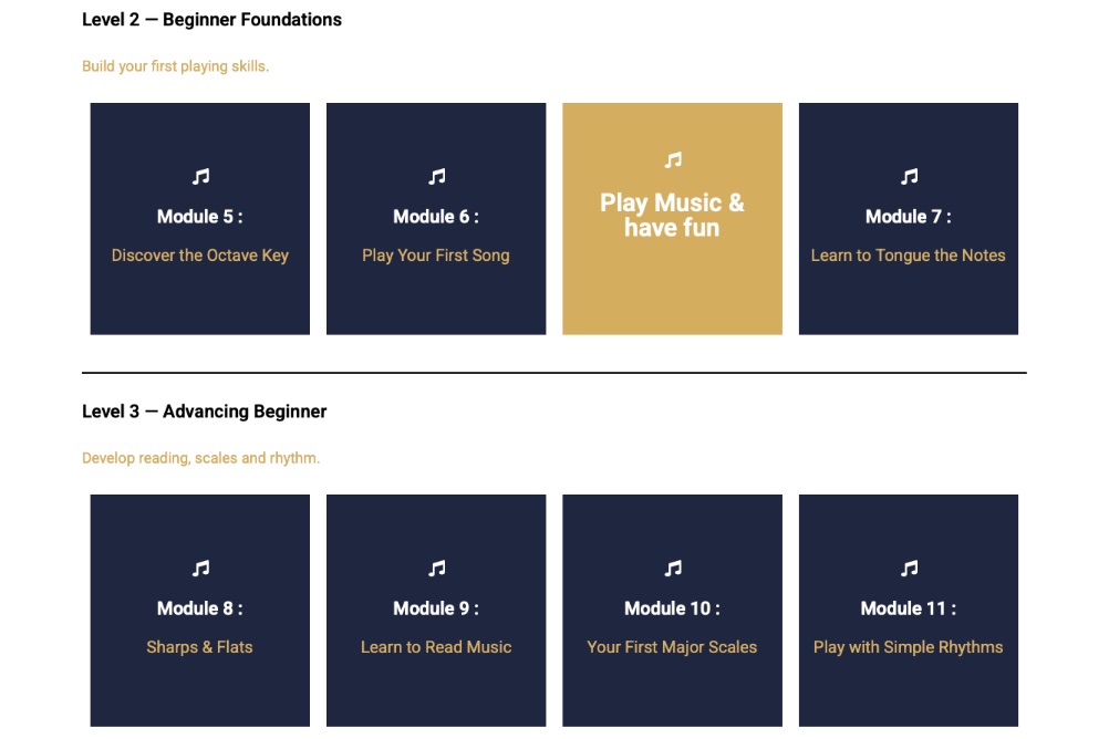 Chris sur Sax Practice Room — parcours d’apprentissage en ligne du saxophone avec 5 niveaux et 20 modules