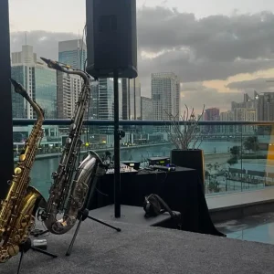 Corporate saxophonist setup on rooftop terrace Business Bay Dubai - ChrisOnSAX